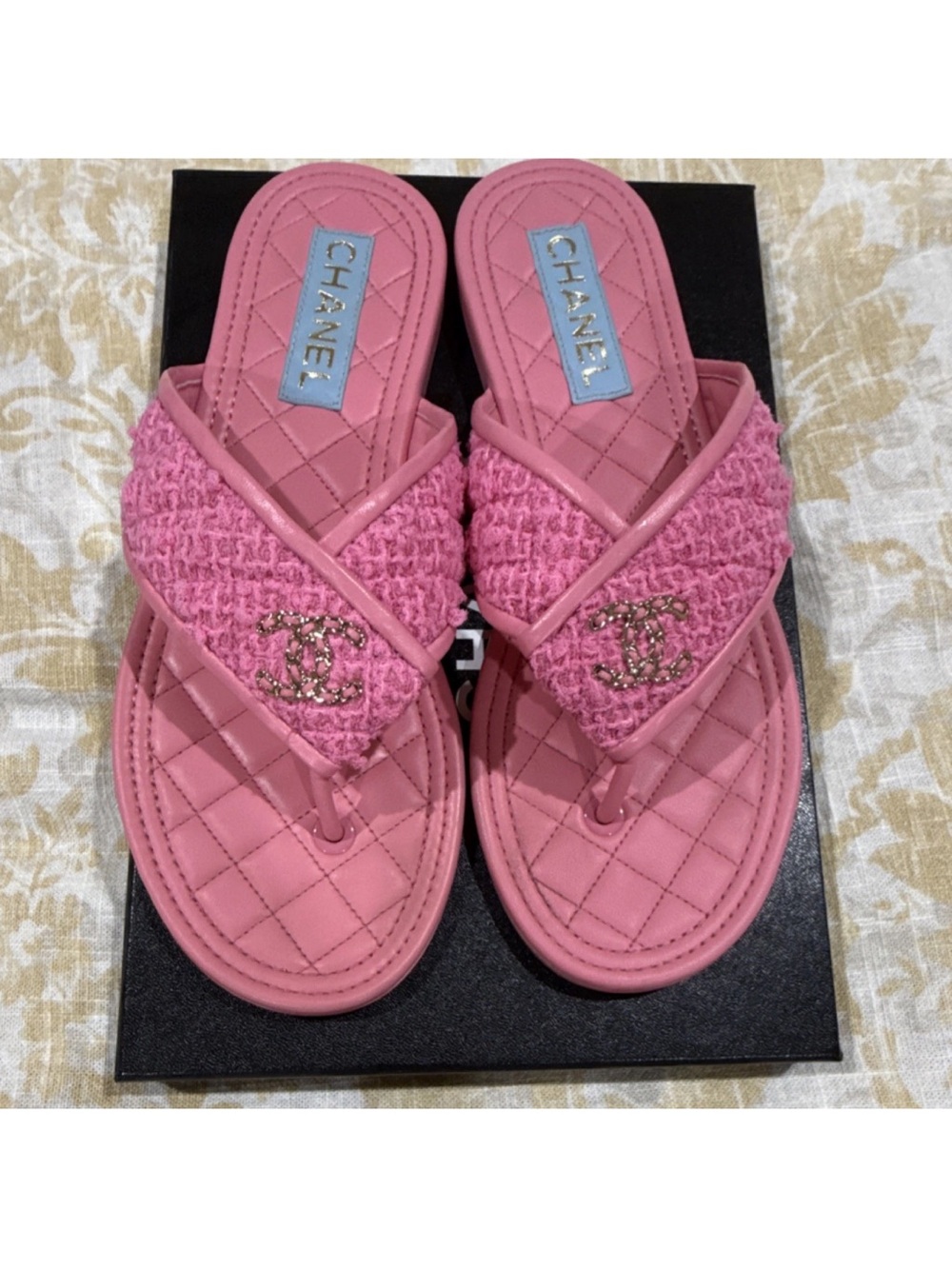 CHANEL Pink Tweed Quilted Thong Sandals with CC Logo